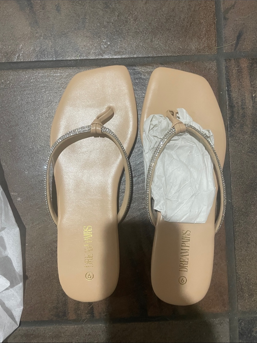 Dream Pairs Beige Rhinestone Thong Sandals